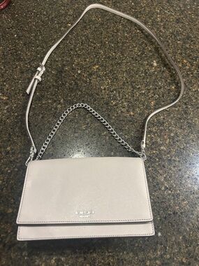 kate spade pale grey saffiano leather crossbody with silver chain